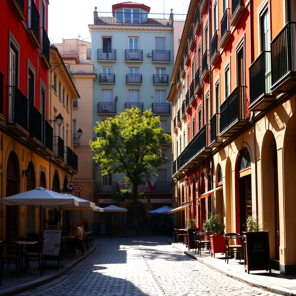 Vibrant street scene in Madrid showing traditional Spanish architecture with warm sunlight casting shadows on cobblestone streets, featuring local cafes and colorful building facades