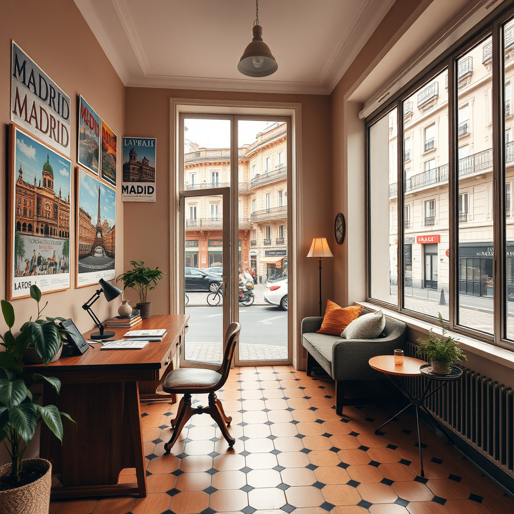 Madrid travel blog office interior showing warm wooden desk, vintage travel posters of Madrid landmarks, comfortable seating area with Spanish tiles, and large windows overlooking a typical Madrid street with traditional architecture