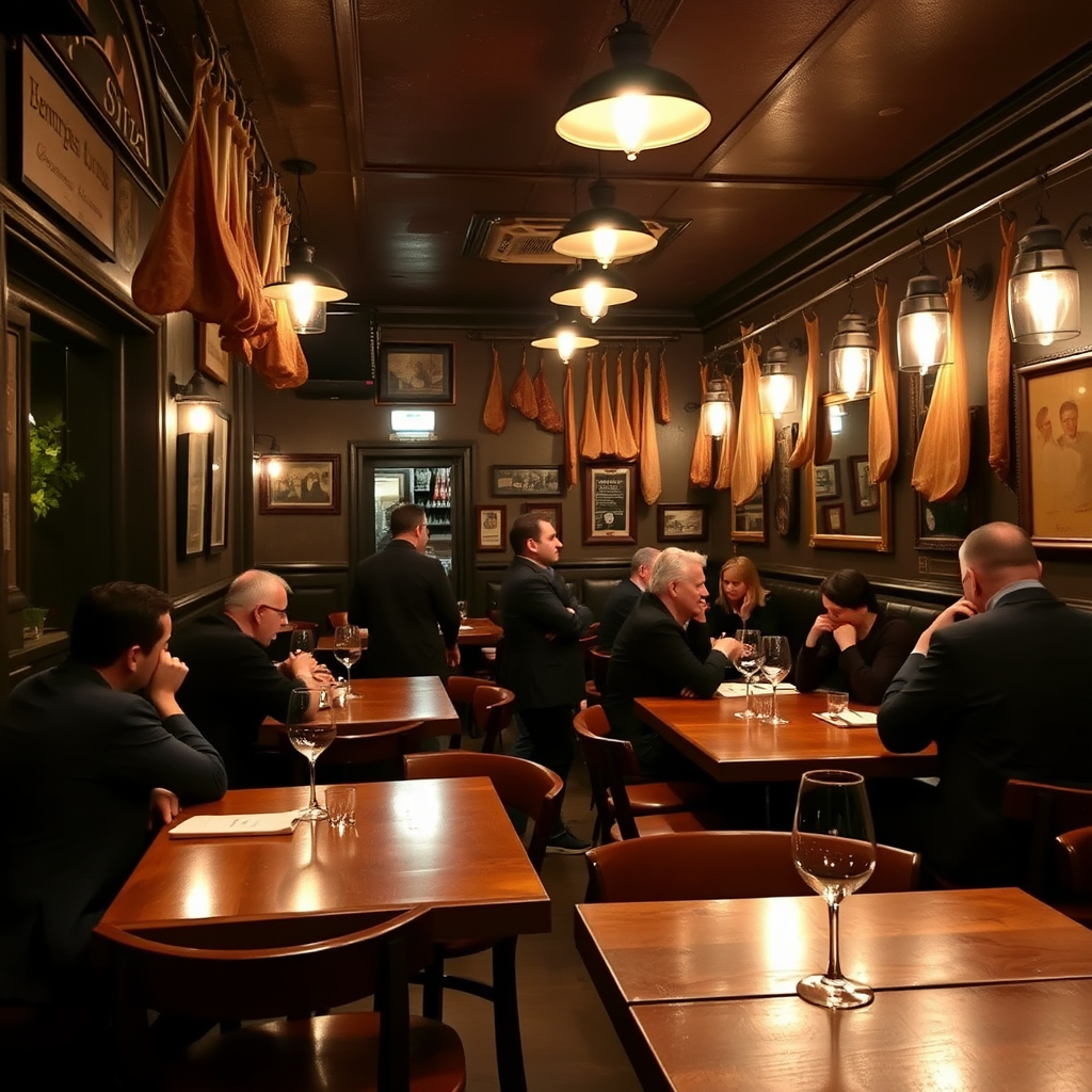 Cozy traditional tapas bar interior in Madrid's Malasaña district with wooden tables, dim lighting, hanging jamón, and locals enjoying authentic Spanish small plates and wine
