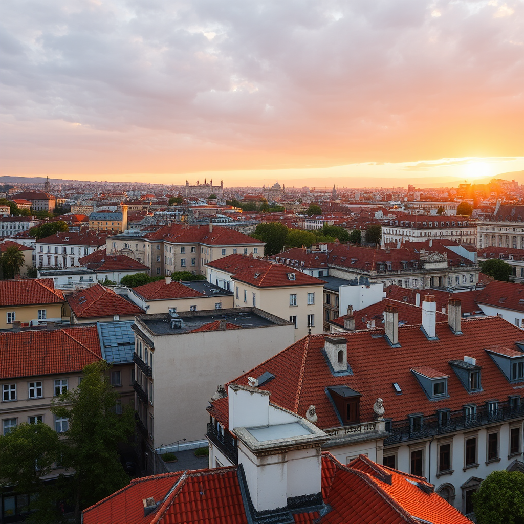 Panoramic view of Madrid's skyline from a hidden rooftop terrace showing historic buildings, red-tiled roofs, and the Royal Palace in the distance during golden hour