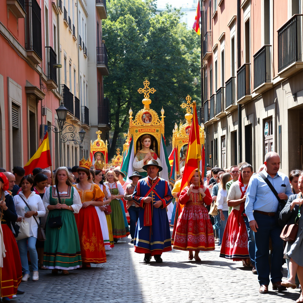 Colorful traditional Spanish festival procession through narrow cobblestone streets of Madrid with locals in traditional costumes carrying religious banners and decorative floats