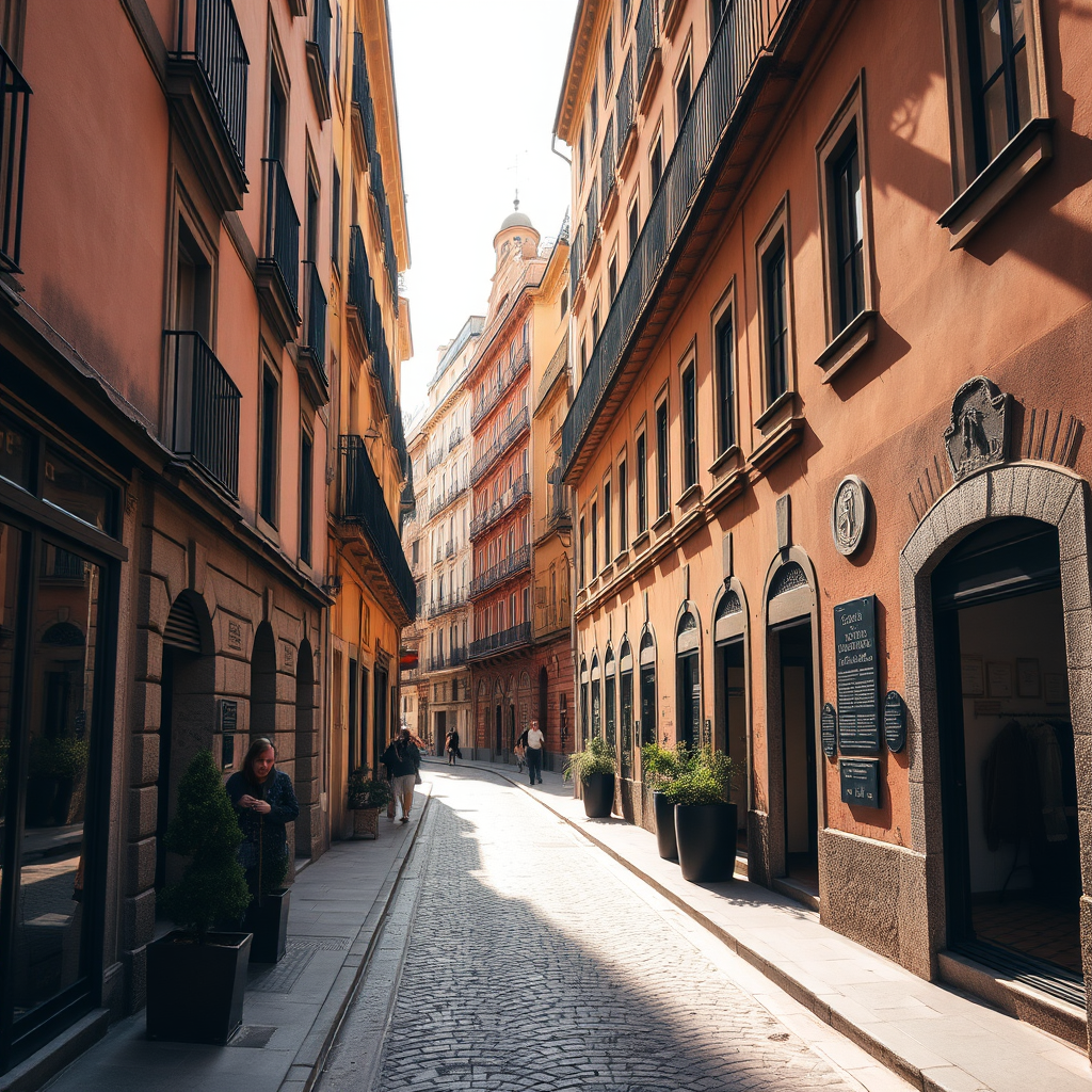 Historic Barrio de las Letras street with traditional Spanish architecture, cobblestone streets, and literary plaques on building walls under warm Madrid sunlight