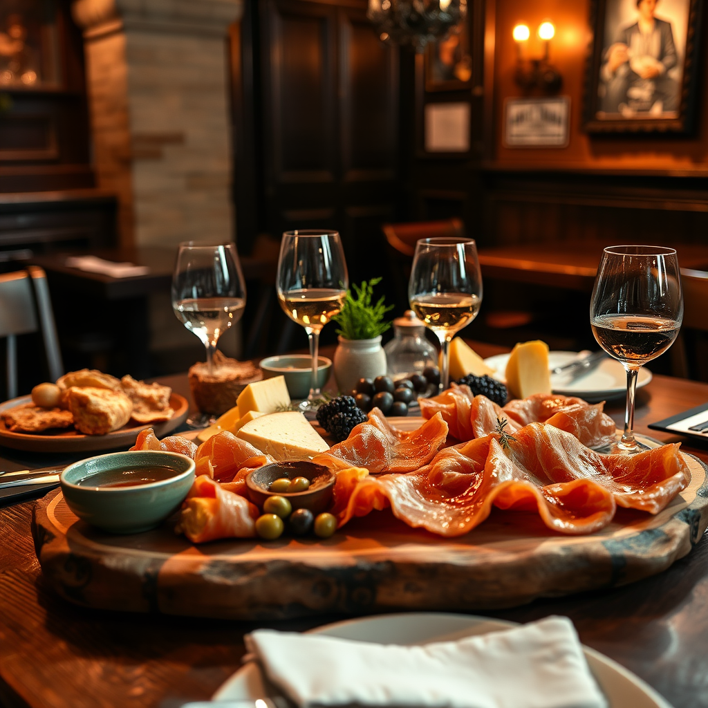 Traditional Spanish tapas spread on a wooden table in a cozy Madrid tavern, featuring jamón ibérico, manchego cheese, olives, and local wine glasses with warm ambient lighting