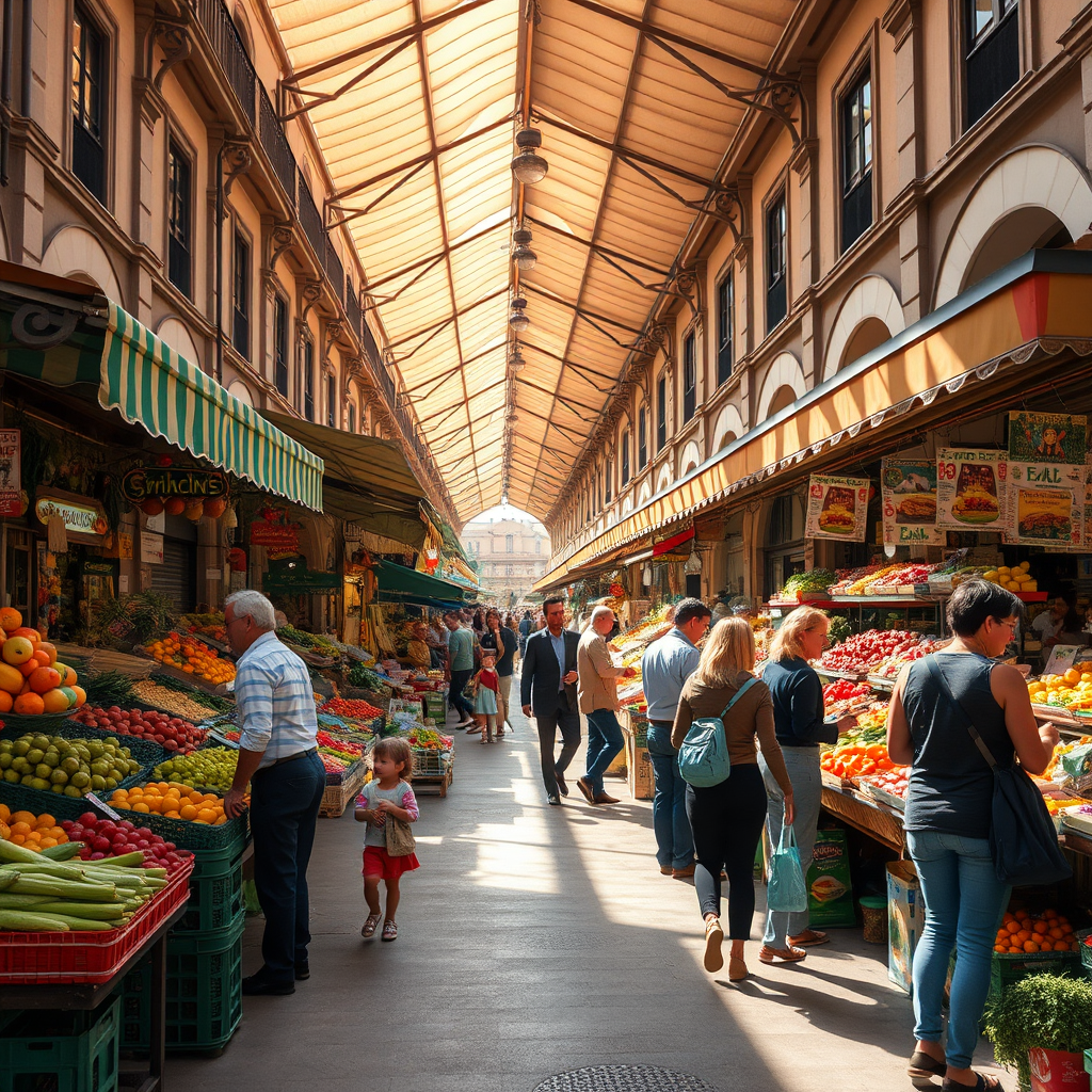 Bustling Sunday market scene in Madrid with colorful fruit and vegetable stalls, local vendors, Spanish families shopping, traditional market architecture, morning sunlight filtering through market canopy