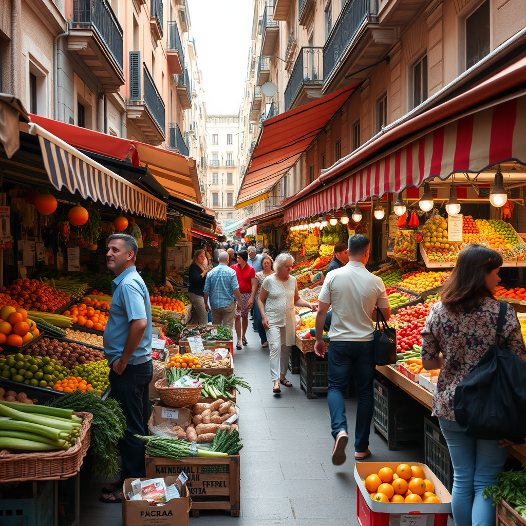 Bustling Sunday market scene in Madrid with colorful fruit and vegetable stalls, local vendors, Spanish families shopping for fresh produce, and traditional market atmosphere