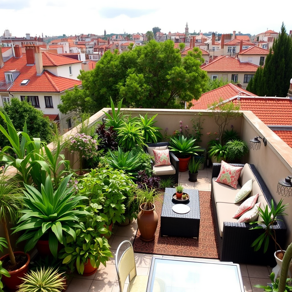 Lush rooftop garden terrace with Mediterranean plants, comfortable seating areas, and views of Madrid's traditional architecture with terracotta rooftops