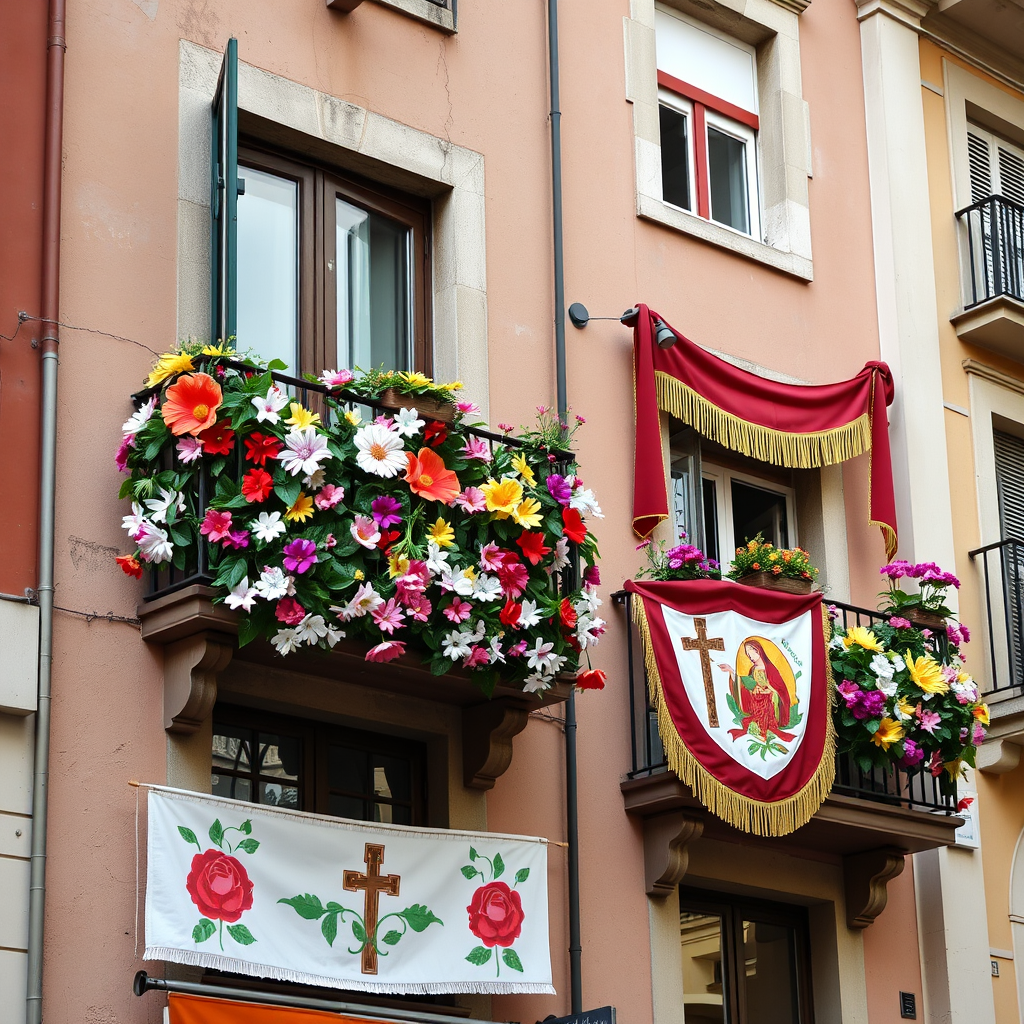 Traditional Spanish balconies decorated with colorful paper flowers and religious banners during La Paloma festival in Madrid's La Latina neighborhood