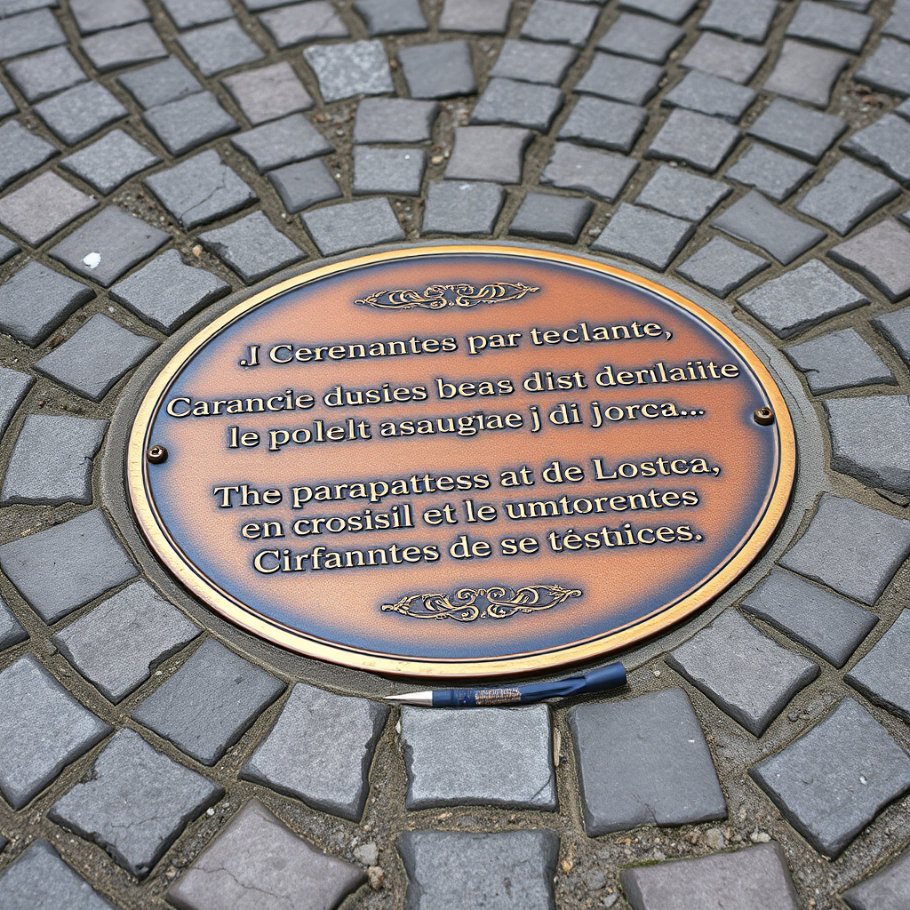 Bronze plaque embedded in cobblestone street featuring quotes from famous Spanish authors like Cervantes and Lorca with decorative Spanish typography
