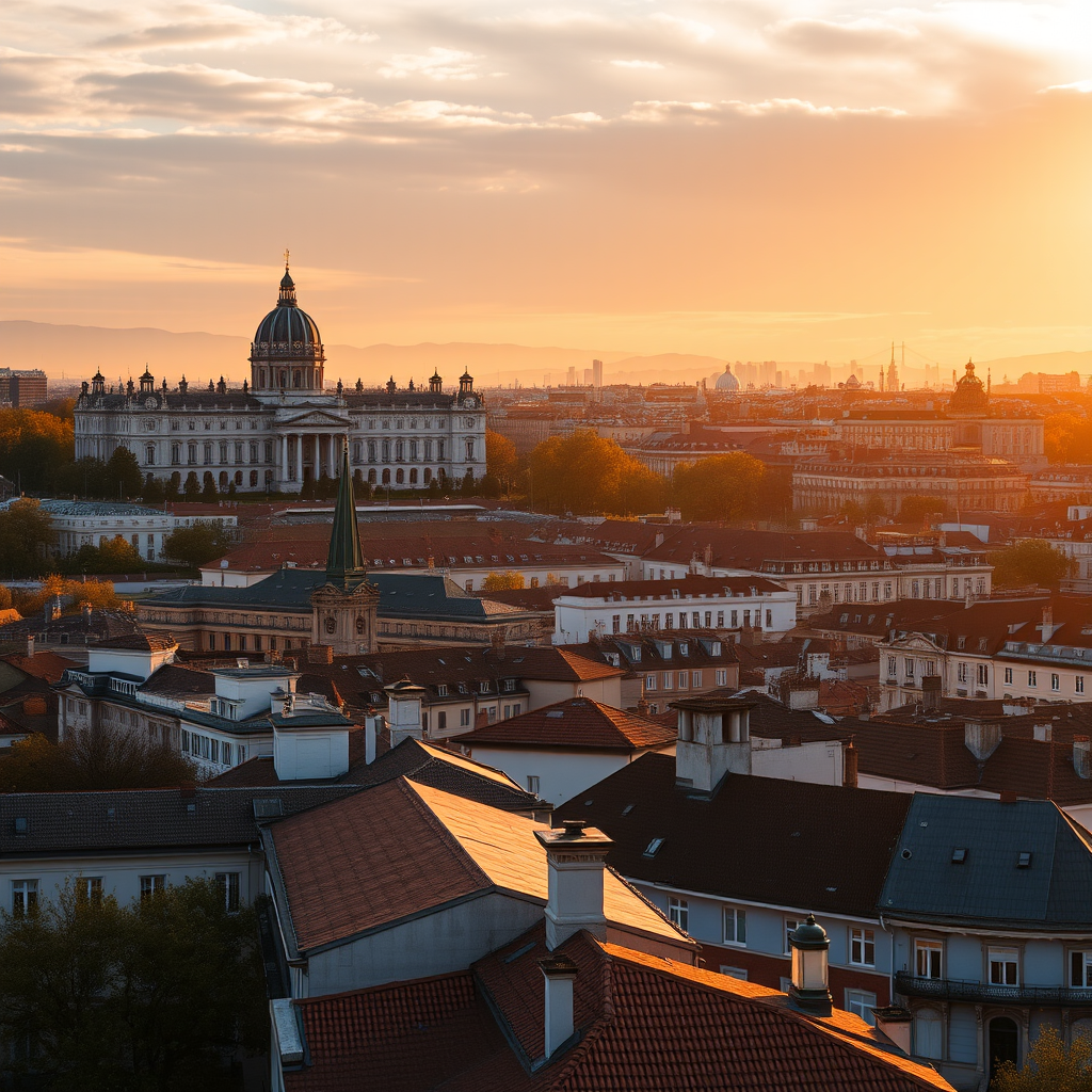 Panoramic view of Madrid skyline during golden hour showing the Royal Palace, Almudena Cathedral, and traditional Spanish rooftops with warm sunlight creating dramatic shadows across the cityscape