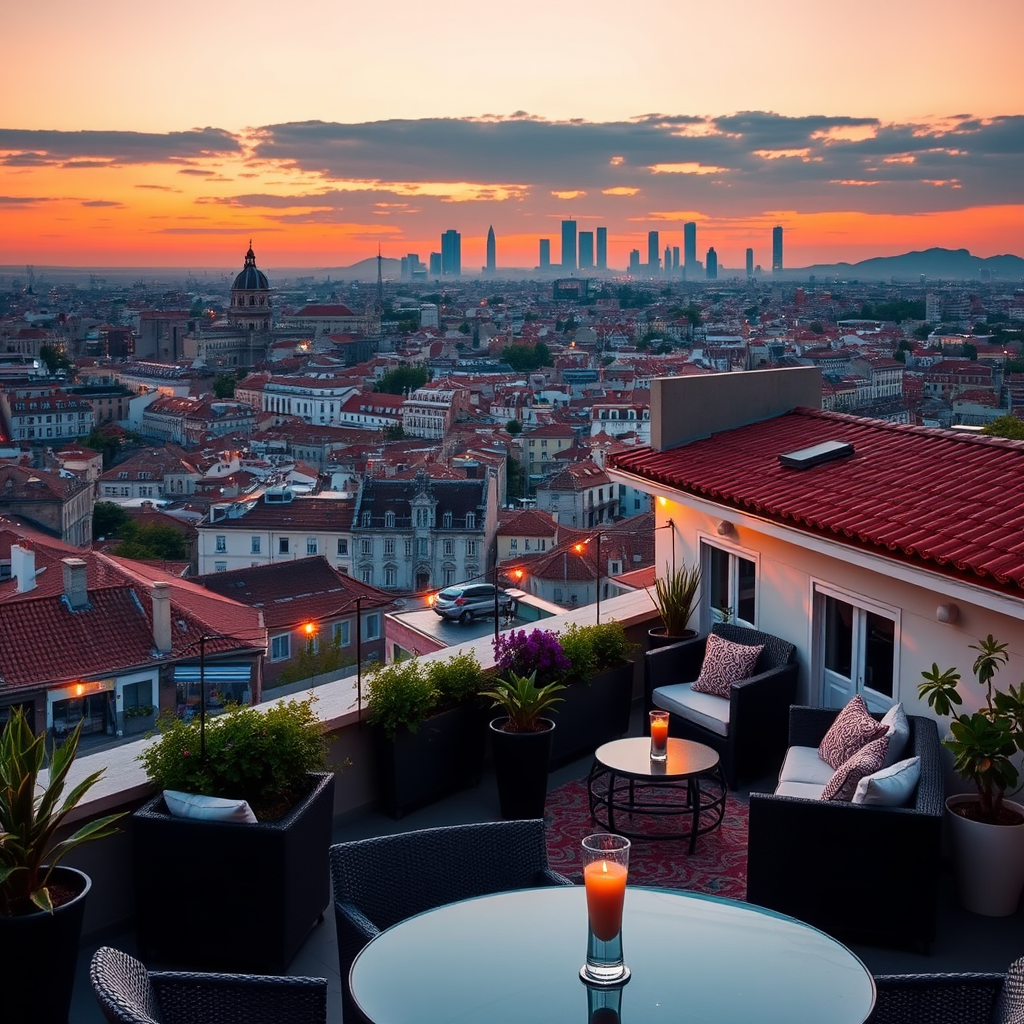 Stunning Madrid rooftop terrace view at sunset with panoramic city skyline, historic buildings, red tile roofs, modern skyscrapers in distance, elegant outdoor furniture, plants and string lights creating romantic atmosphere