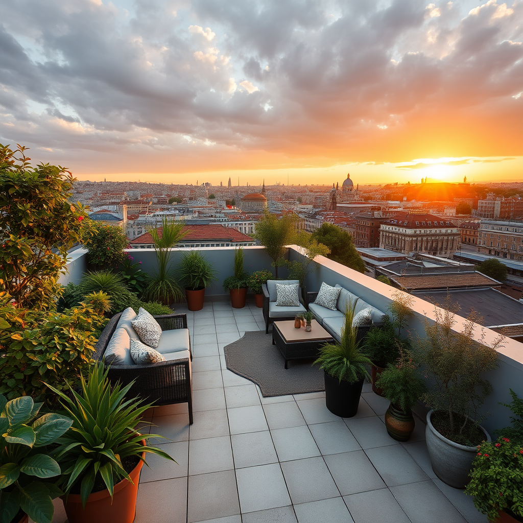 Beautiful rooftop garden terrace in Madrid with lush plants, comfortable seating, panoramic city views, Spanish architecture skyline, and golden sunset lighting over the capital