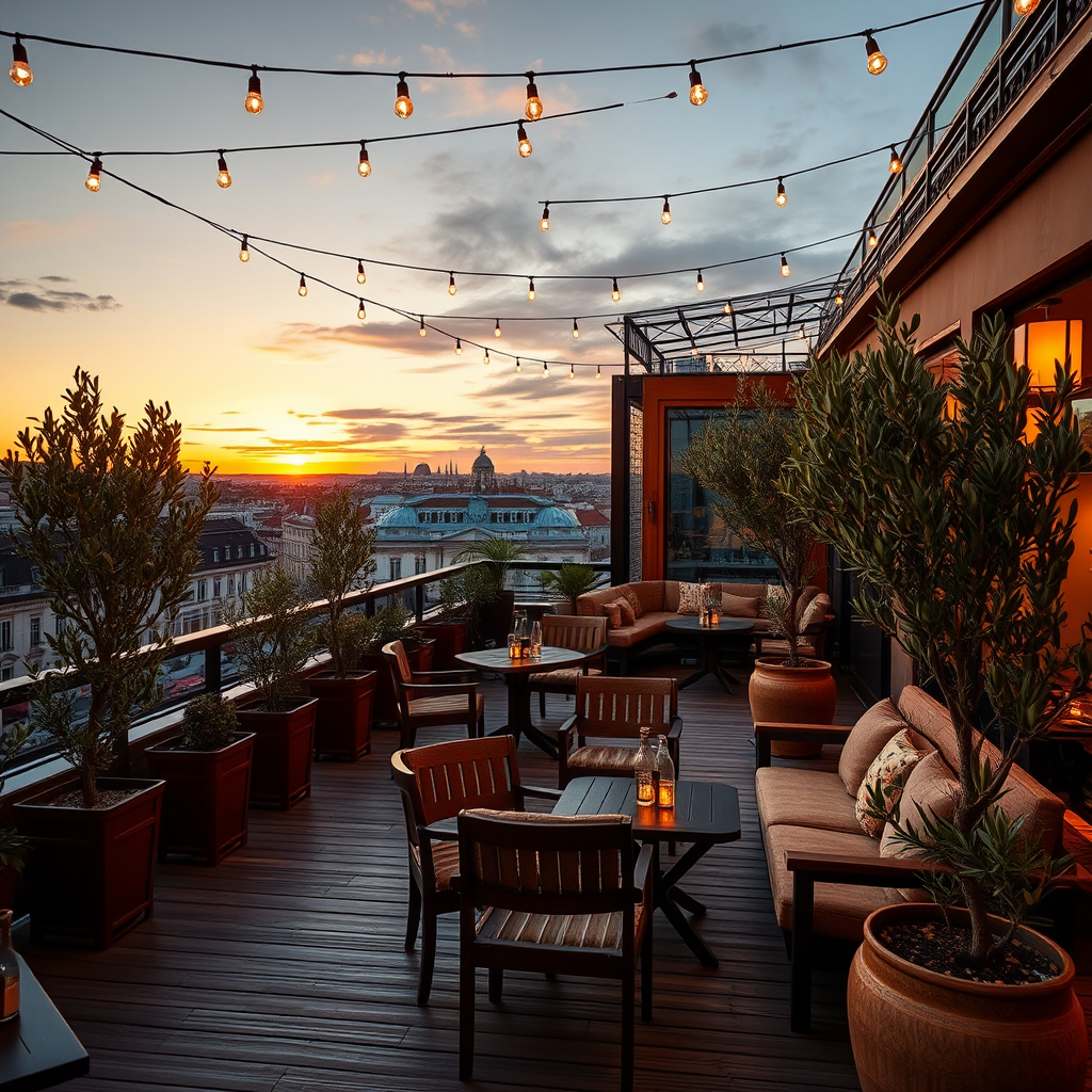 Intimate rooftop bar terrace at sunset with string lights, wooden furniture, potted olive trees, and spectacular views of Madrid's Gran Via and historic center