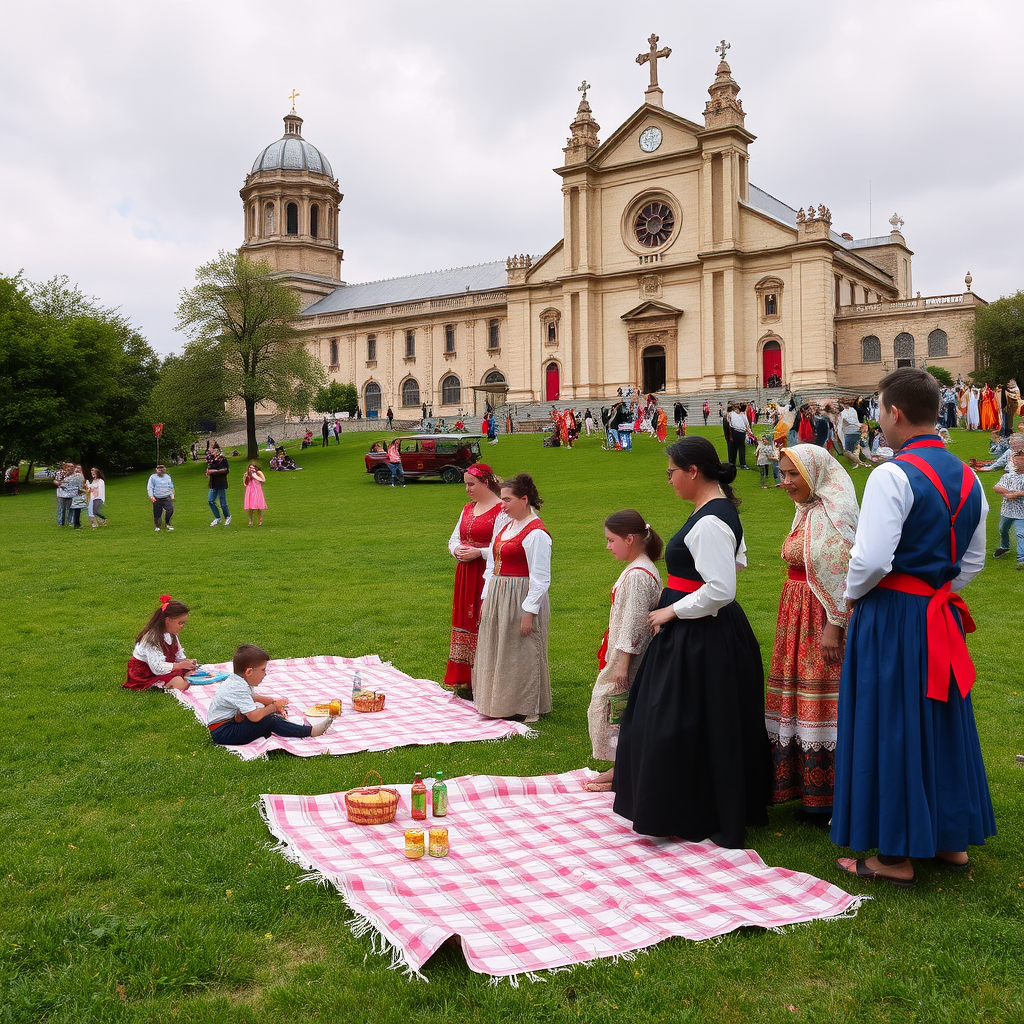 Families in traditional Spanish dress participating in outdoor pilgrimage celebration with picnic blankets spread on green meadows near historic Madrid chapel