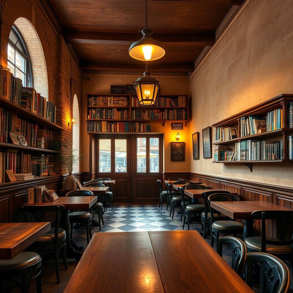 Traditional Spanish café interior with vintage wooden tables, warm ambient lighting, and shelves lined with classic Spanish literature books