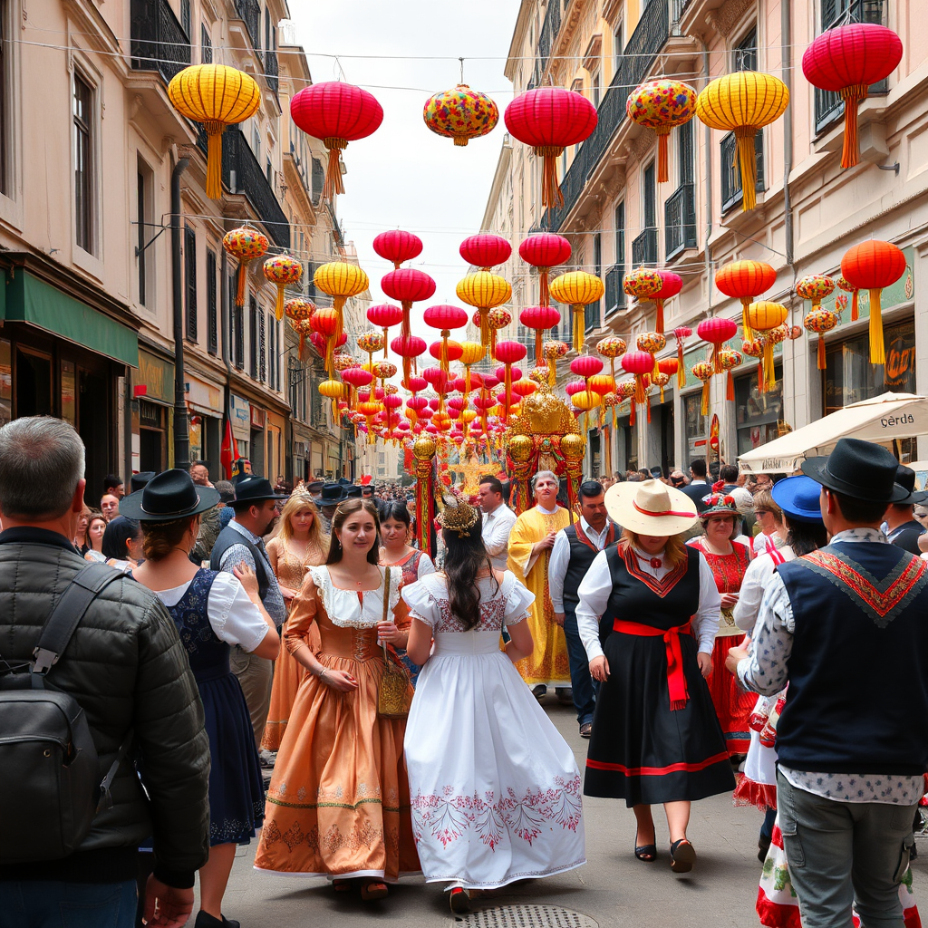 Traditional Spanish festival celebration in Madrid with colorful decorations, local people in traditional dress, street performers, religious procession, and authentic cultural atmosphere