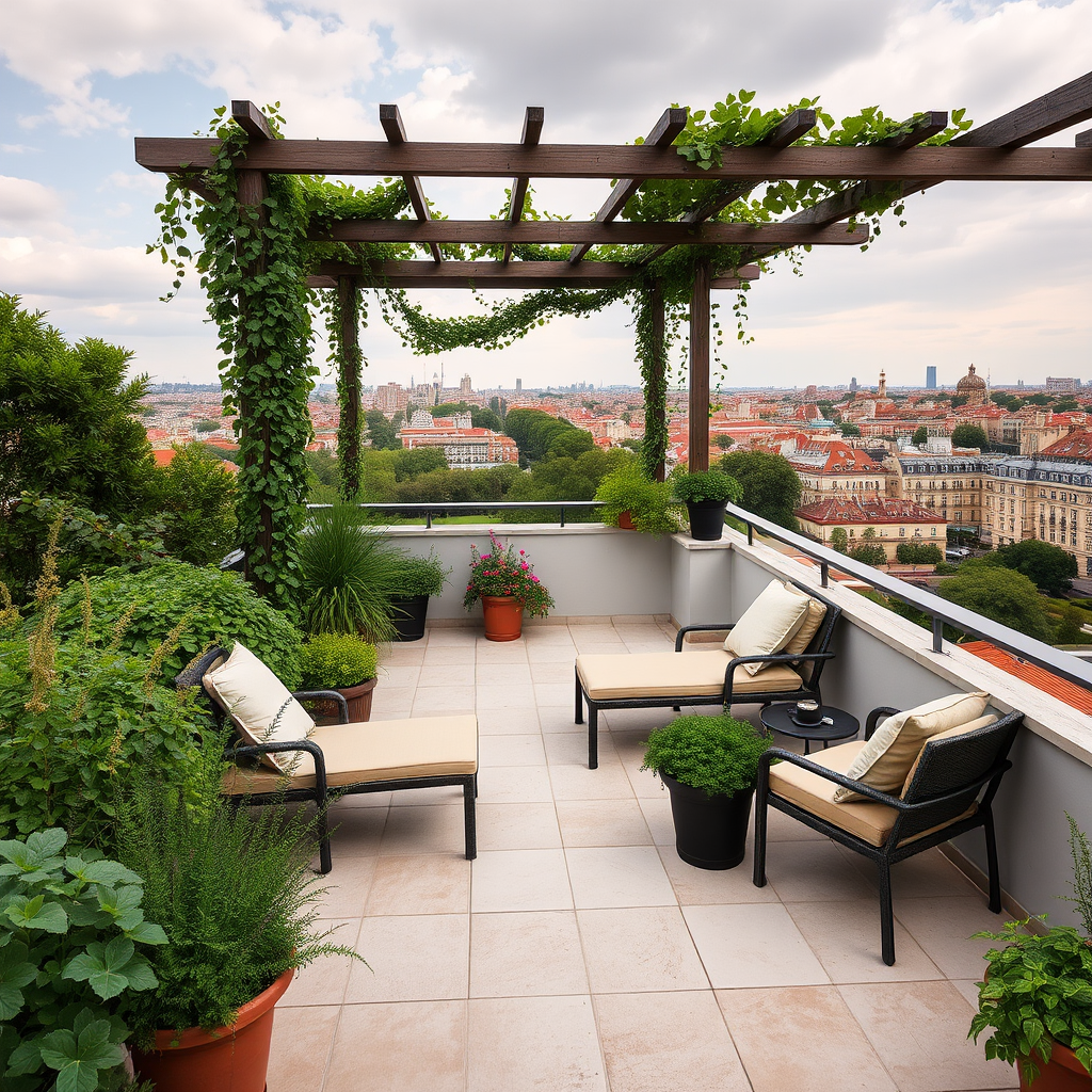Peaceful rooftop garden with Mediterranean herbs, comfortable lounge chairs, pergola with climbing vines, and panoramic views of Madrid's Retiro Park and city center