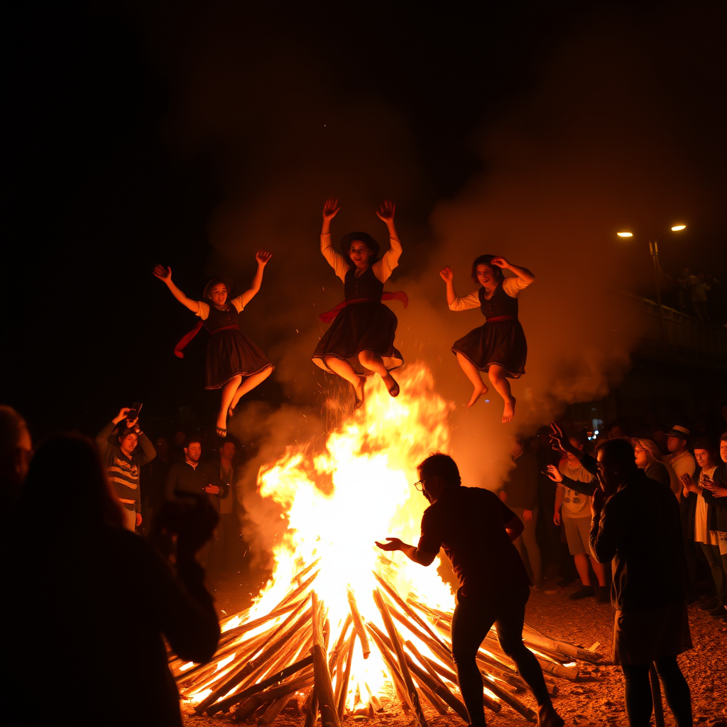Traditional Spanish bonfire celebration at night with people in traditional dress jumping over flames during San Juan festival in Madrid