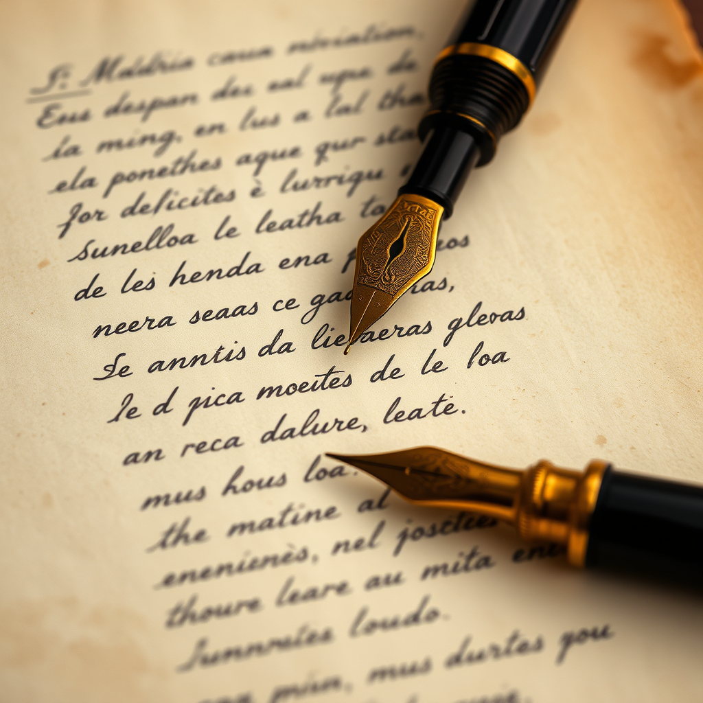 Close-up of handwritten Spanish poetry on aged parchment paper with a vintage fountain pen and ink blots, representing the literary heritage of Madrid