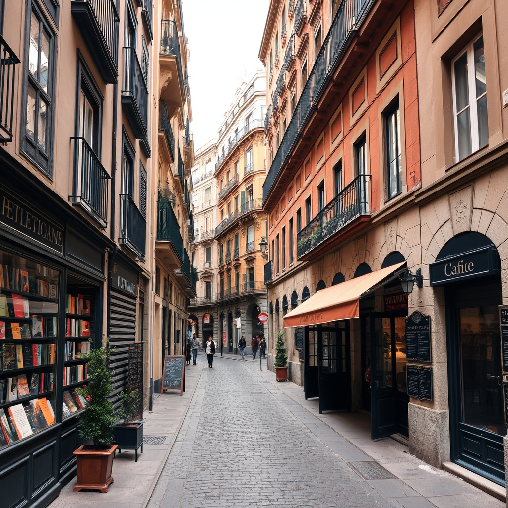 Historic literary quarter in Madrid with old bookshops, traditional Spanish architecture, cobblestone streets, vintage café facades, and commemorative plaques honoring famous Spanish writers