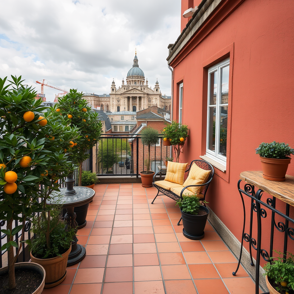 Cozy rooftop terrace with traditional Spanish tiles, wrought iron railings, potted citrus trees, and sweeping views of Madrid's historic center including the Almudena Cathedral
