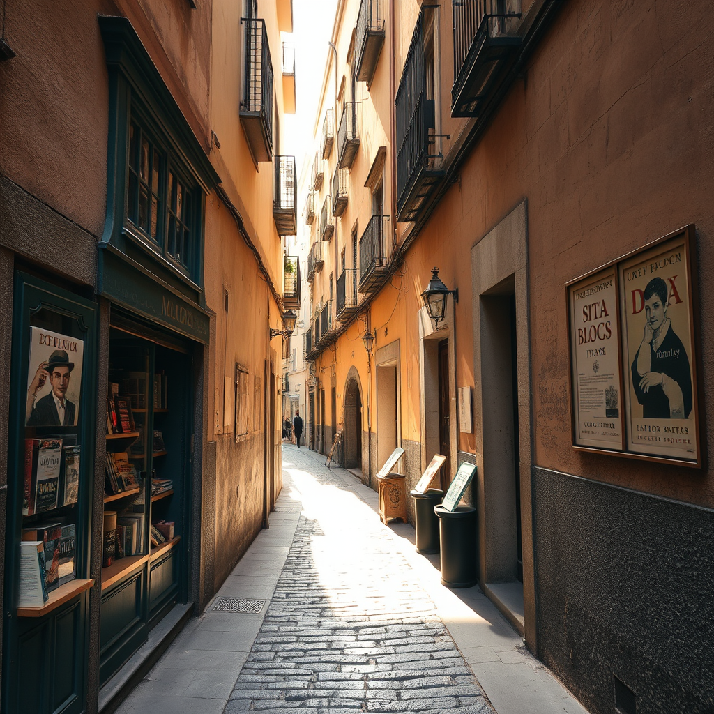 Narrow cobblestone alley in Madrid's Literary Quarter with a small independent bookshop, vintage literary posters on weathered walls, and warm afternoon sunlight filtering through
